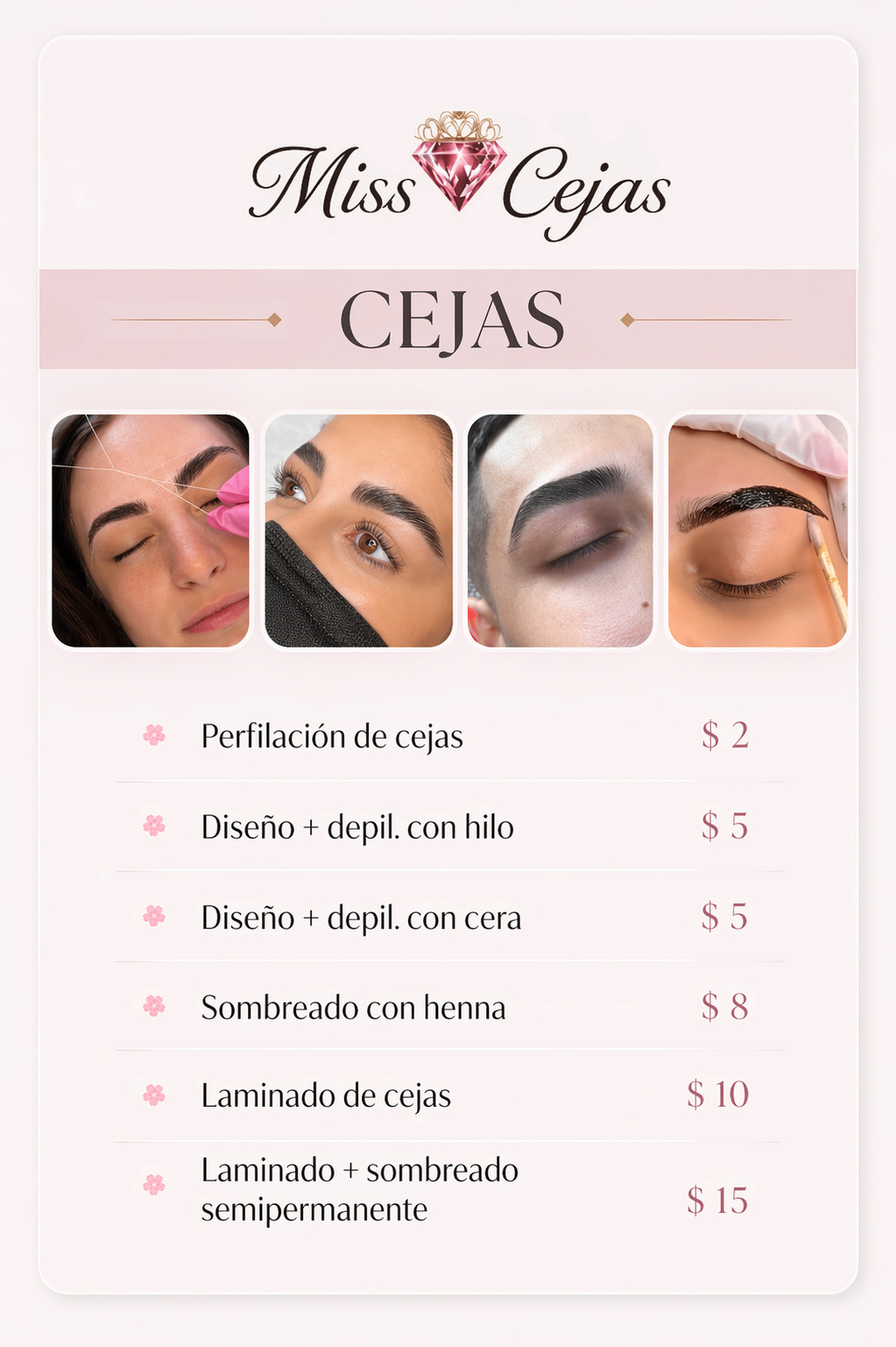 Lista de precios de diseño de cejas