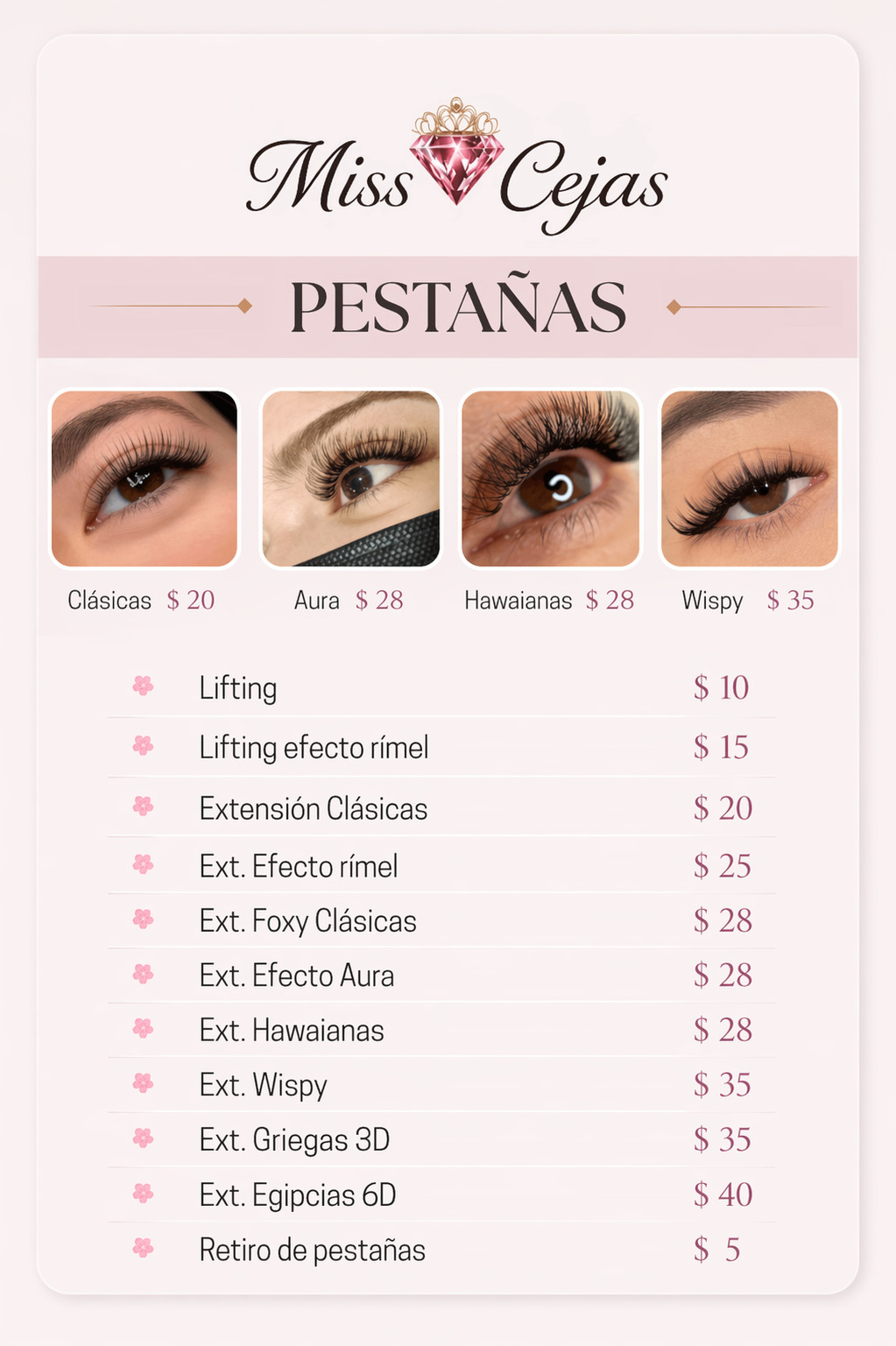 Lista de precios de pestañas